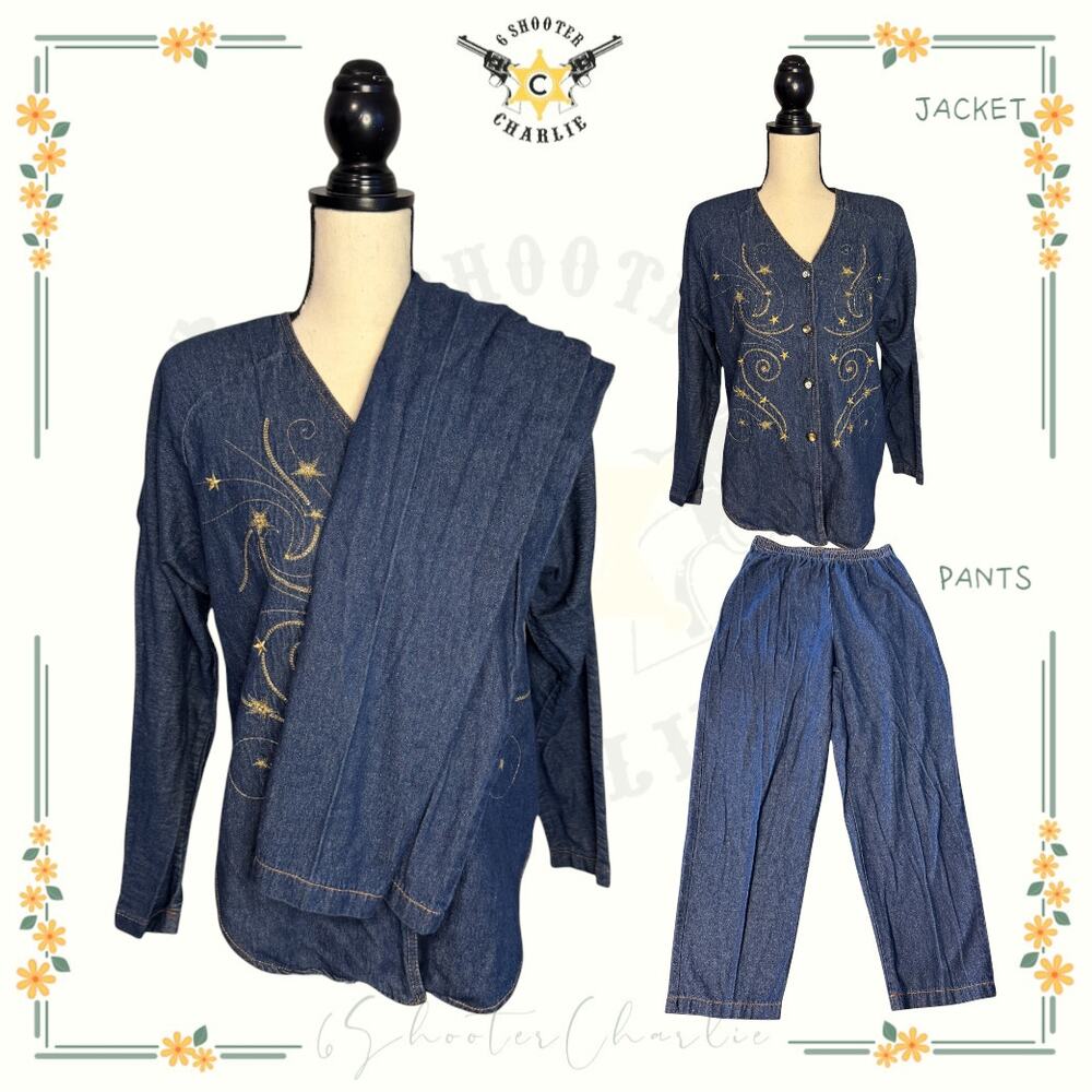 Vintage Bingo! Bingo! Rhinestones Embroidered Denim Jacket & Pants Size 8P Blue